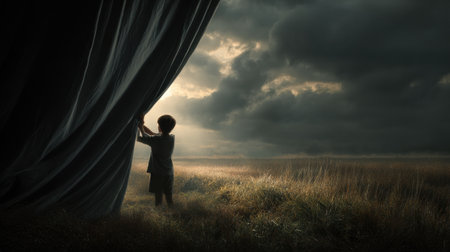 A child tugs at a curtain of darkness, revealing a vibrant, illuminated landscape filled with possibility, set against a cloudy sky at dusk.の素材