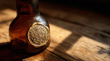 An old beer bottle features a decorative wax seal, highlighted by a soft spotlight, resting on a textured wooden table, creating an atmospheric effect.の素材