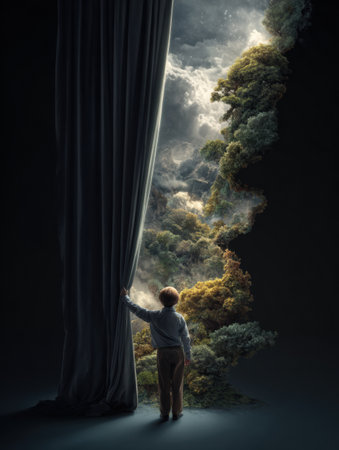 A child pulls aside a curtain of darkness to unveil a vibrant, knowledge-filled landscape, symbolizing discovery and enlightenment on an idyllic day.の素材