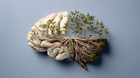 A brain with plant roots symbolizes the link between nature and intellect, showcasing awareness and calm in a creative design.の素材