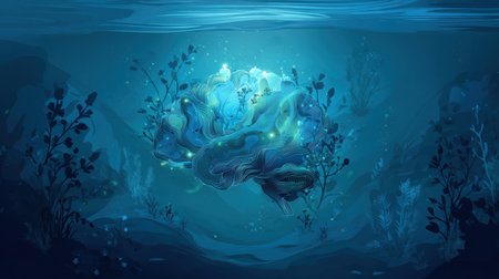 Brightly lit abstract brain floats peacefully in flowing water, surrounded by plants, representing learning and harmony in a serene underwater environment.の素材