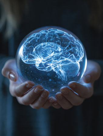 Hands hold gently a luminous orb revealing a detailed brain, representing the fusion of intellect and mysticism in an ethereal atmosphereの素材