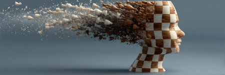 Chess pieces morph into a human head shape, symbolizing the connection between strategic thinking and human intelligence in a creative artwork.の素材
