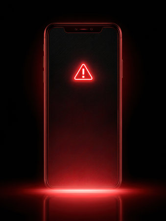 A glowing red alert signals a cryptocurrency wallet scam on a smartphone screen, highlighting the warning against potential fraud.の素材