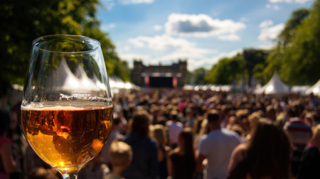 A vibrant beer festival takes place under a clear sky with a lively crowd enjoying drinks, music, and camaraderie in the background.の素材
