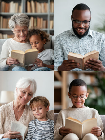 Diverse family members share quality time reading together, engaging in intergenerational learning within a warm and inviting home environmentの素材
