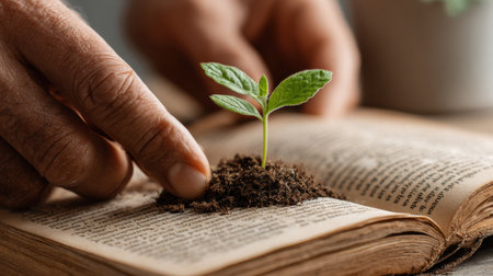 Hands gently plant a small seedling in soil nestled within the pages of an open book, symbolizing the nurturing of knowledge in a tranquil environment.の素材