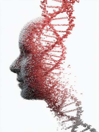 A brain silhouette emerges from a DNA spiral, with an open edge, symbolizing the link between genetics and human thought.の素材