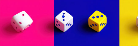 Colorful animated craps dice interface showcasing vibrant pink, blue, and yellow backgrounds, creating a lively atmosphere for digital gaming experiences.の素材
