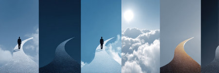 A visual representation showcases personal goals evolving from dreams to achievements along a winding path that extends into a vast, open sky.の素材