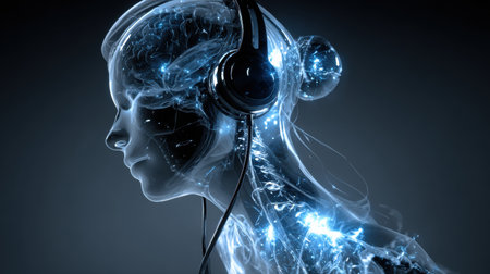 Glowing brainwave energy lines extend from earphones to suggest an immersive sound experience, highlighting a connection between technology and consciousness.の素材