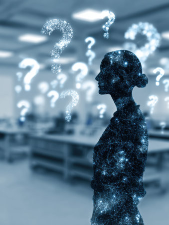 Silhouette of an AI figure stands in a modern lab surrounded by floating question icons, emphasizing inquiry and creativity in scientific research.の素材