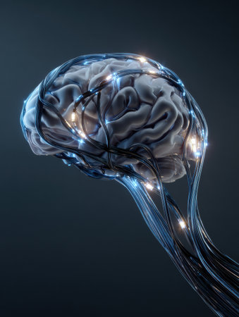A brain appears intricately wired with glowing fiber optic cables, showing a futuristic approach to neural connections and technological advancement.の素材