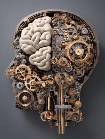Intriguing mechanical clockwork features a brain design embedded within intricate gears and cogs, showing an artistic blend of technology and creativity.の素材