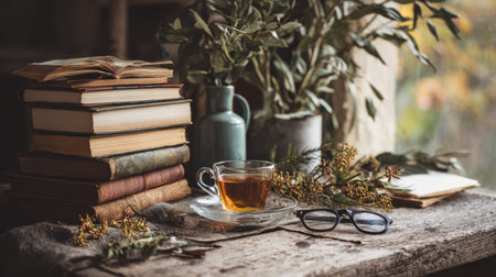 Books are stacked alongside a cup of tea and fresh leaves on a wooden table, creating a warm atmosphere perfect for relaxing and reading.の素材
