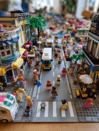 Kids construct an elaborate Lego city featuring diverse cultures, colorful buildings, and unique characters, fostering creativity and inclusivity in playtime.の素材