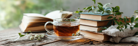 A relaxing setting features a cup of tea beside open books and fresh leaves on a rustic wooden table, inviting a peaceful reading experience.の素材