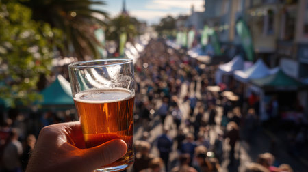 A vibrant beer festival features a close-up of a beer glass held high, while a large crowd mingles in the background under a sunny sky.の素材