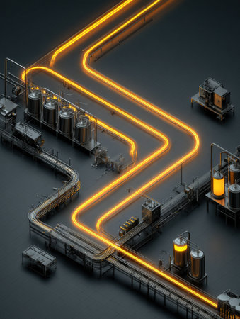 A detailed representation of a brewery production line features glowing pipes and minimalistic design, showing the brewing process and industrial efficiency.の素材