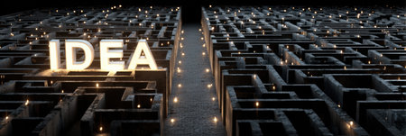 Navigating a three-dimensional maze filled with pathways leads to a brightly lit idea sign, while alternate paths fade into darkness, representing choices.の素材