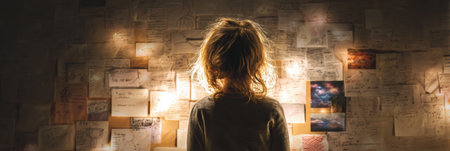 A child stands in front of a glowing wall filled with handwritten notes and images, symbolizing the evolution of dreams into future aspirations.の素材