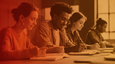 Students of various backgrounds engage in focused study, taking notes and collaborating at a long table in a bright, welcoming learning space.の素材