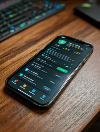 A smartphone displays a well-designed fake app with high ratings that leads to malware, highlighting the risks of deceptive applications in digital stores.の素材