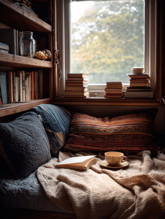 A charming reading nook features a plush blanket, a steaming cup of tea, and a stack of books, inviting warmth and calmness during a peaceful afternoon.の素材