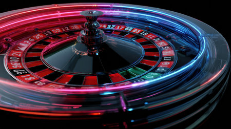 A colorful neon roulette wheel spins rapidly, with illuminated sections highlighting the numbers, creating an exciting ambiance of chance and possibility.の素材