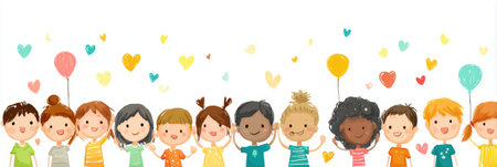 A vibrant group of children celebrates kindness and personal growth in an inclusive classroom, holding colorful balloons and expressing joy and unity.の素材