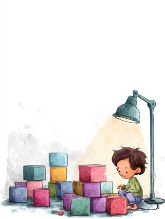 A child is focused on arranging vibrant puzzle blocks beneath a soft lamp glow, surrounded by a curious assortment of shapes and colors.の素材