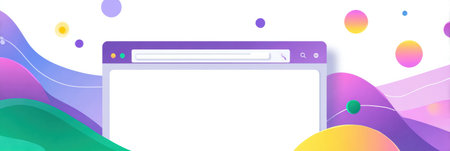 A digital advertisement appears in a stylized web browser window featuring a blank top bar and vibrant abstract graphics in various colorsの素材