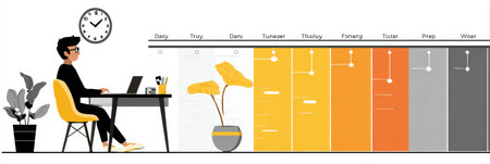 A student sits at a desk working on a productive day organized by a timeline. Tasks are color-coded and clearly displayed for effective planning.の素材