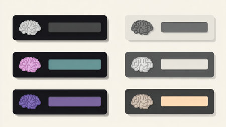 Flat UX interface showcases various brain icons paired with blank tabs for interactive elements in user-friendly design, ideal for app development.の素材