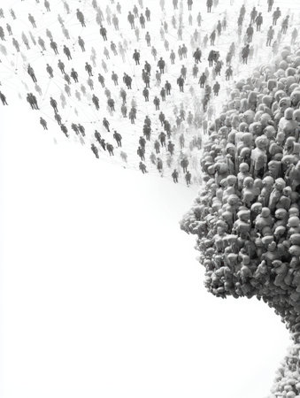 A three-dimensional arrangement of people icons forms a brain shape, representing collective intelligence and interconnectedness in a digital landscape.の素材