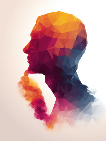 Complex geometric shapes combine seamlessly to form a thoughtful head silhouette, showing imaginative expression in a soft and calming background.の素材