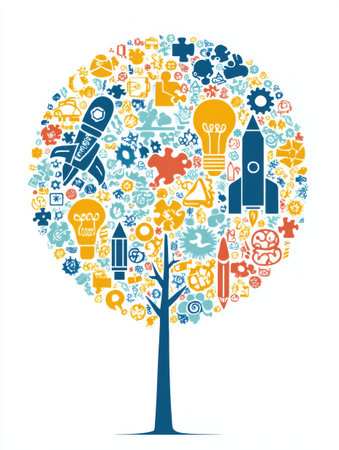 A tree showcases various idea icons as leaves, including a light bulb, puzzle pieces, rocket, and a pencil, representing creativity and innovation.の素材