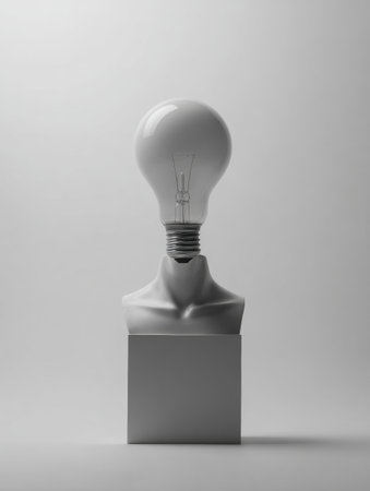 A lightbulb is suspended above a minimalistic bust head, representing creativity and inspiration in a modern and artistic context. The background is blank.の素材