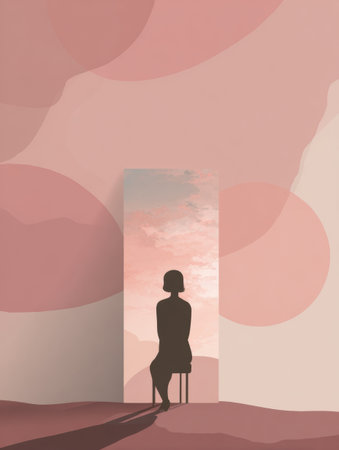 A silhouette sits calmly in front of a mirror surrounded by soothing pastel hues, capturing a moment of peaceful inner reflection and contemplation.の素材