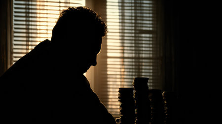 A gambler sits thoughtfully by a window, silhouetted by soft light, contemplating his stacked poker chips as dawn breaks, symbolizing chance and risk.の素材