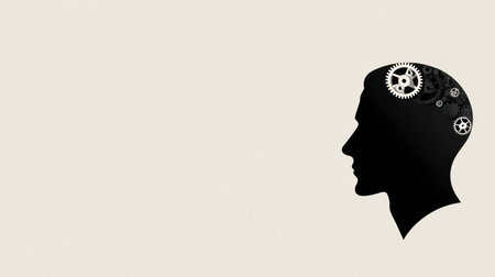 A minimalist silhouette of a head shows gears in the brain, symbolizing cognitive activity and innovation, with space for creativity.の素材