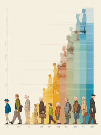 A detailed timeline showing an individuals learning journey and skill acquisition from adolescence into old age depicted through distinct visual transitionsの素材