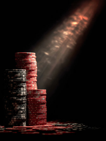 A tower of poker chips stands tall in a dimly lit space, with a beam of light cascading down on the chips, enhancing the gaming experience and ambiance.の素材