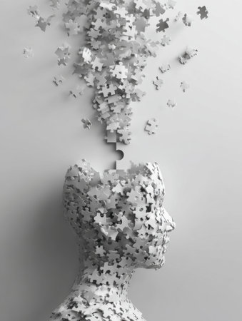 Puzzle pieces create a human head, with one piece missing, symbolizing the exploration of thought, identity, and self-discovery.の素材