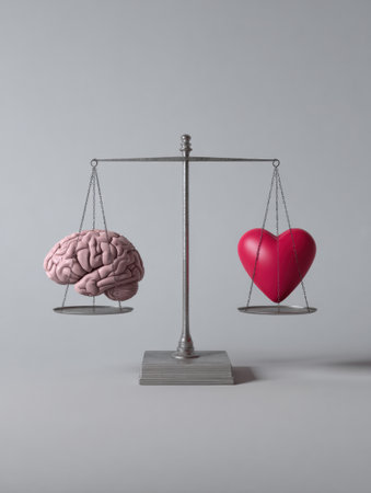 A brain and heart are balanced on a scale, visually representing the relationship between logic and emotion against a simple background, evoking contemplation.の素材
