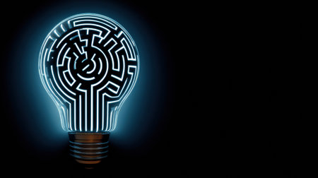 A glowing lightbulb filled with a complex maze pattern casts a bright light in a dark setting, highlighting the unique design against a minimal backdrop.の素材