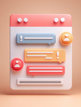 A social media scam account interface shows various suspicious messages and alerts, highlighting potential online threats. The layout features bold colors.の素材