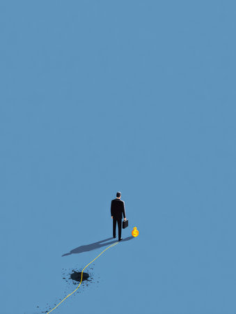 A businessman walks towards a dollar sign bait set as a trap, creating a striking contrast against a simplistic blue background.の素材