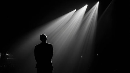 A silhouette contemplates under bright spotlights on a dark stage, creating an introspective and solitary atmosphere before the performance.の素材