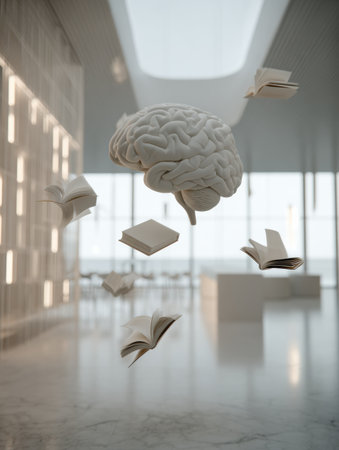 Books float gracefully in mid-air, forming a brain shape in a bright, airy environment that inspires creativity and learning.の素材